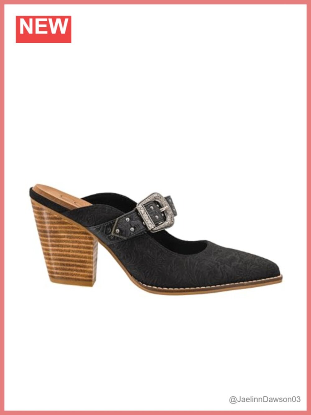 Women's Pointed Toe Leather Western Mule Shoes with Buckle, 2" Stacked Heel,